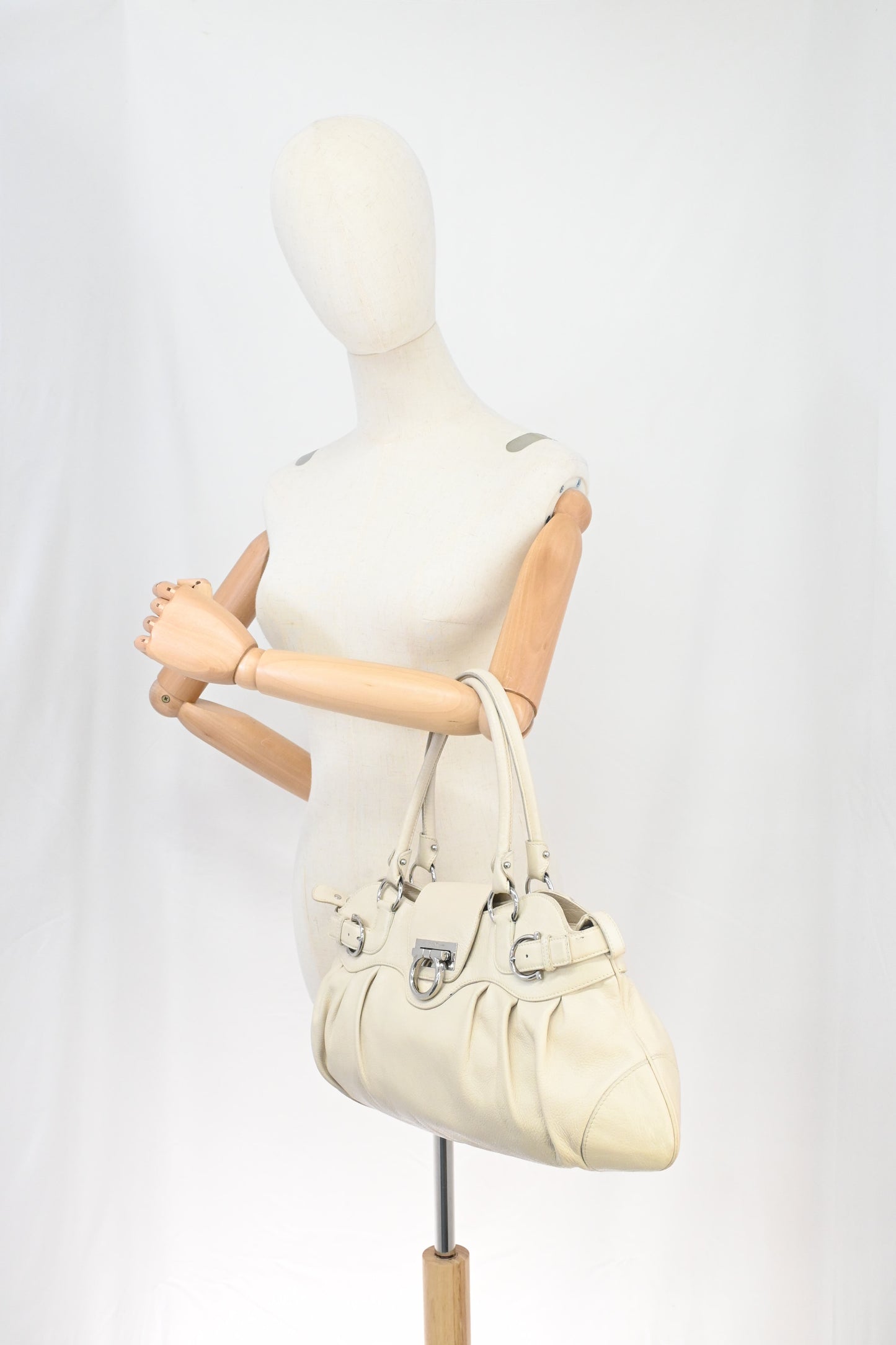 Ferragamo Gancini Shoulder Bag in Cream Leather