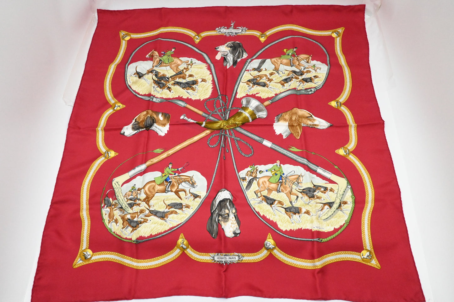 Hermes Carre 90 "Le Laisser Courre" in Red Silk