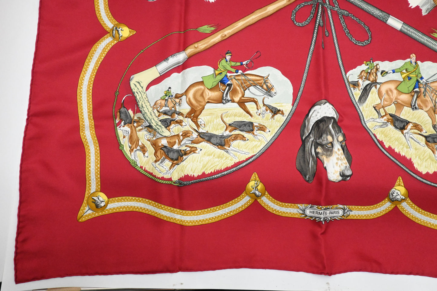 Hermes Carre 90 "Le Laisser Courre" in Red Silk
