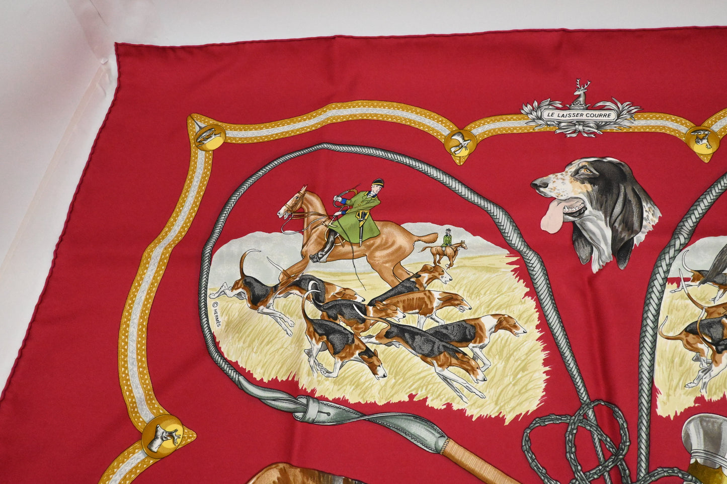 Hermes Carre 90 "Le Laisser Courre" in Red Silk