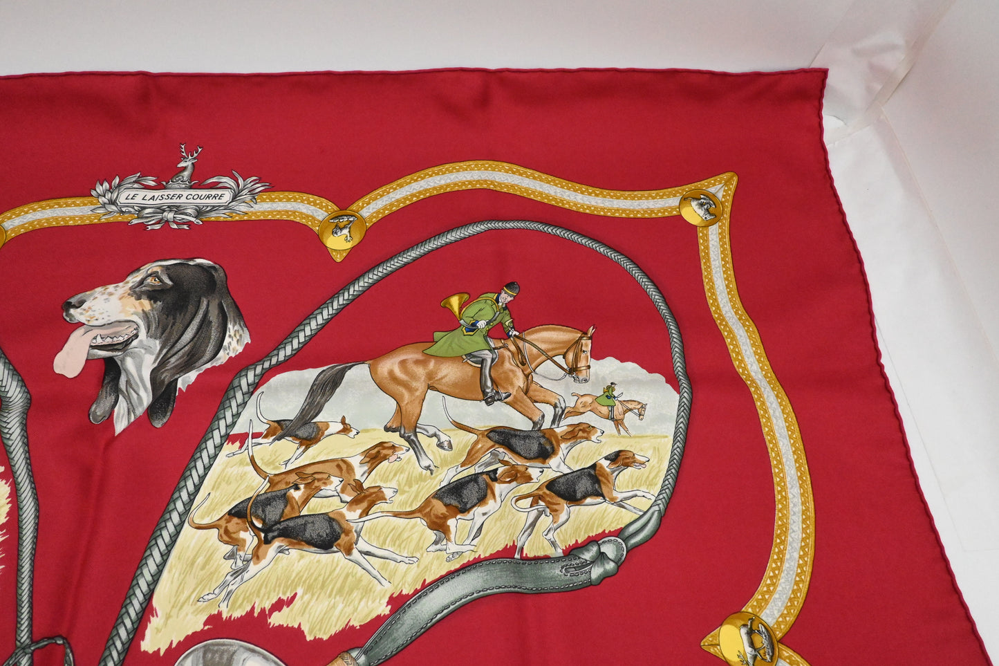Hermes Carre 90 "Le Laisser Courre" in Red Silk
