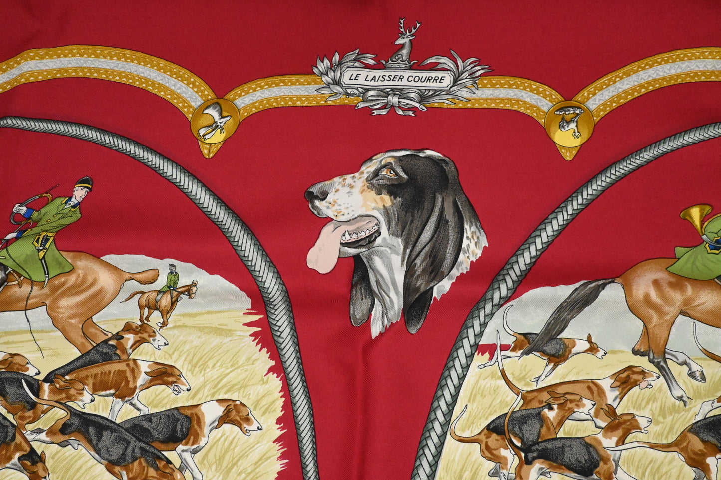 Hermes Carre 90 "Le Laisser Courre" in Red Silk