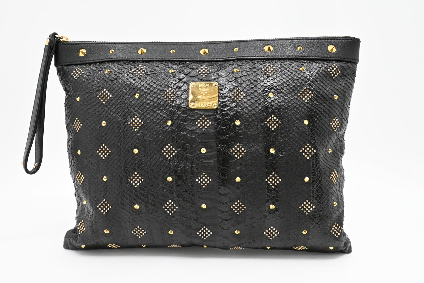 MCM Clutch in Black Faux Python Leather