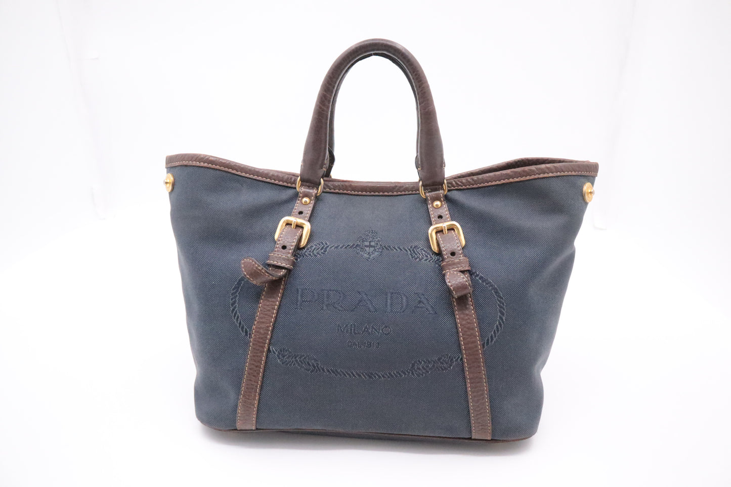 Prada Logo Handbag in Brown Leather and Navy Canvas