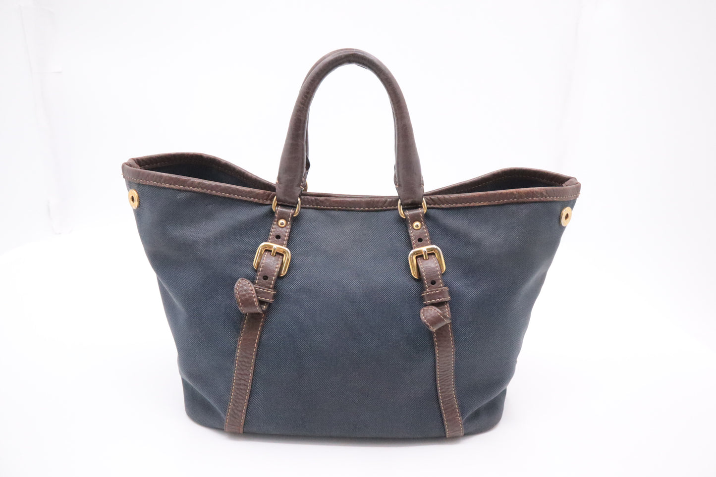 Prada Logo Handbag in Brown Leather and Navy Canvas