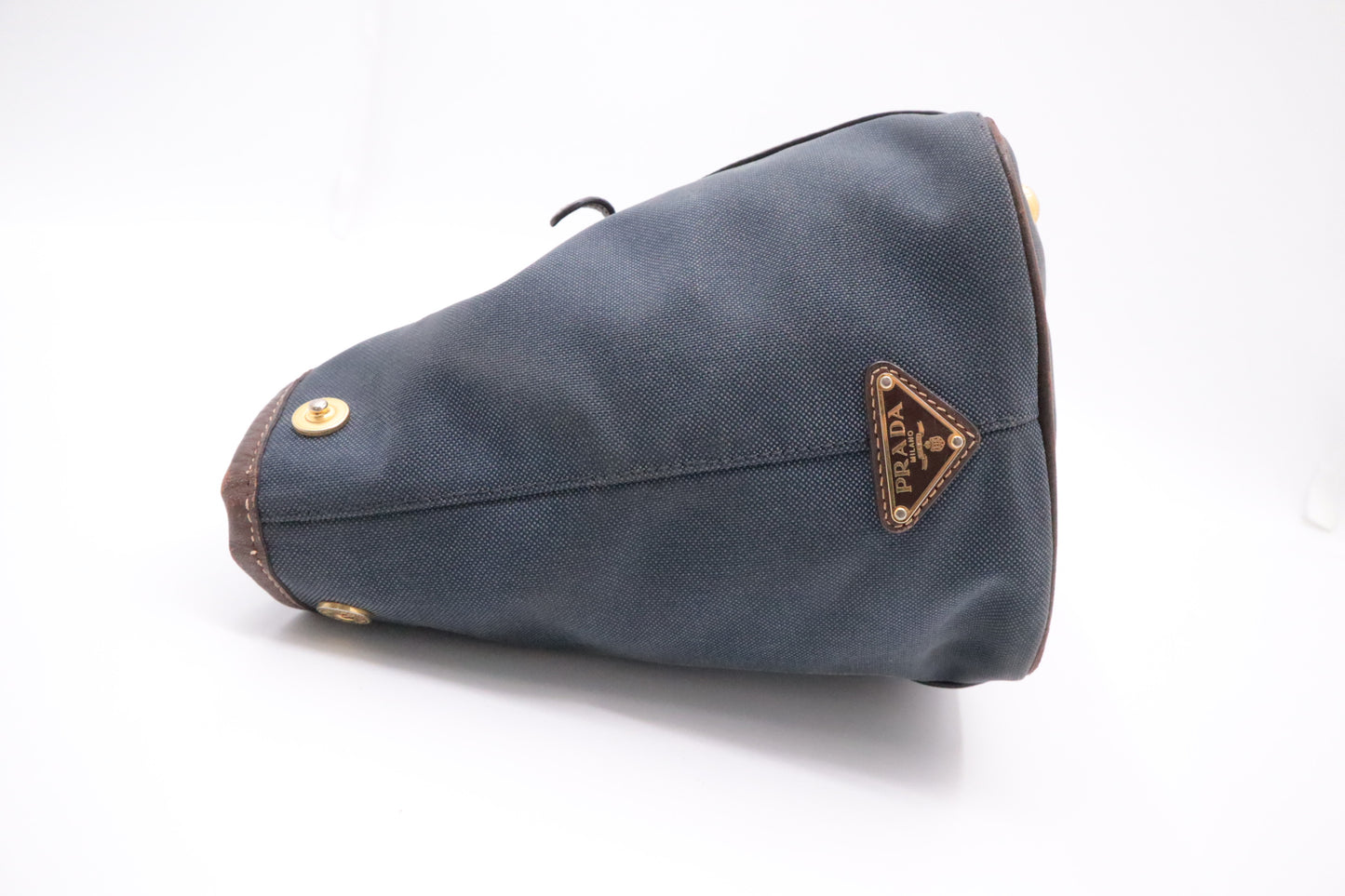 Prada Logo Handbag in Brown Leather and Navy Canvas