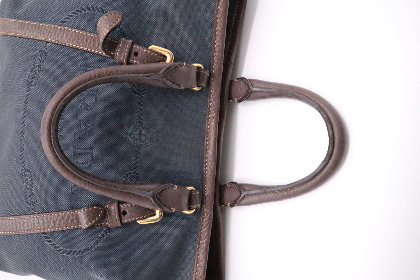 Prada Logo Handbag in Brown Leather and Navy Canvas
