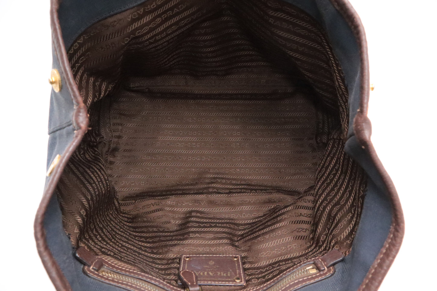 Prada Logo Handbag in Brown Leather and Navy Canvas
