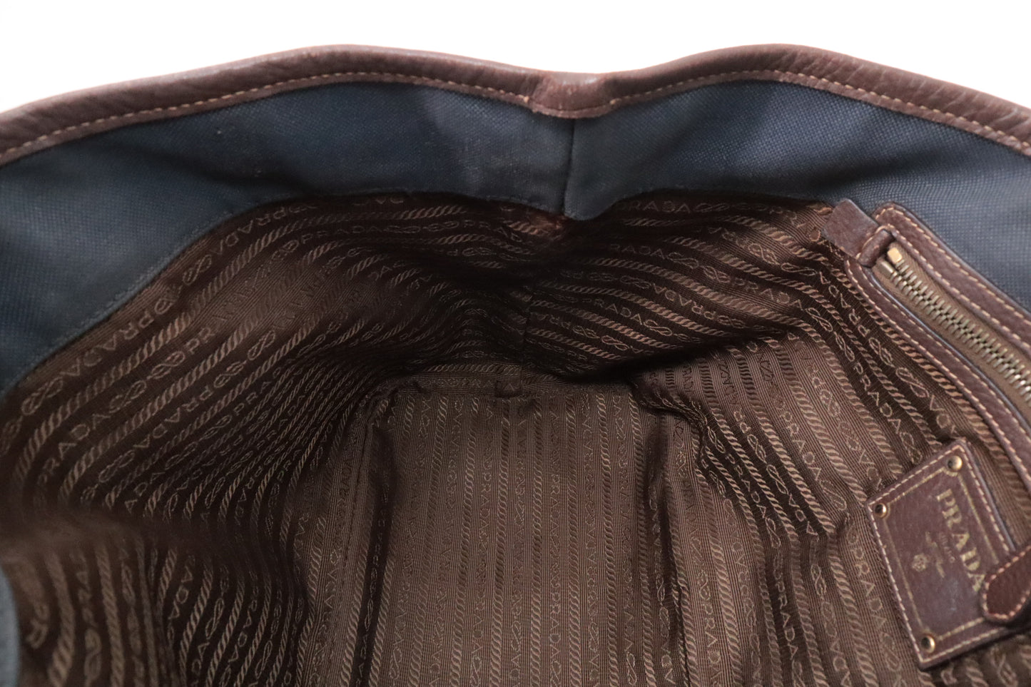 Prada Logo Handbag in Brown Leather and Navy Canvas
