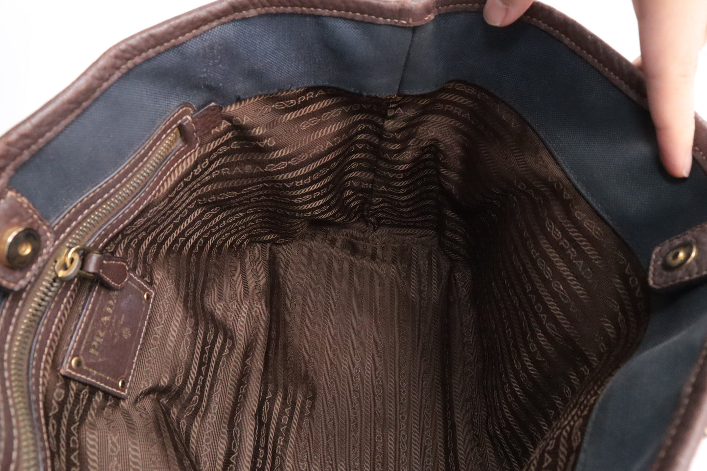 Prada Logo Handbag in Brown Leather and Navy Canvas
