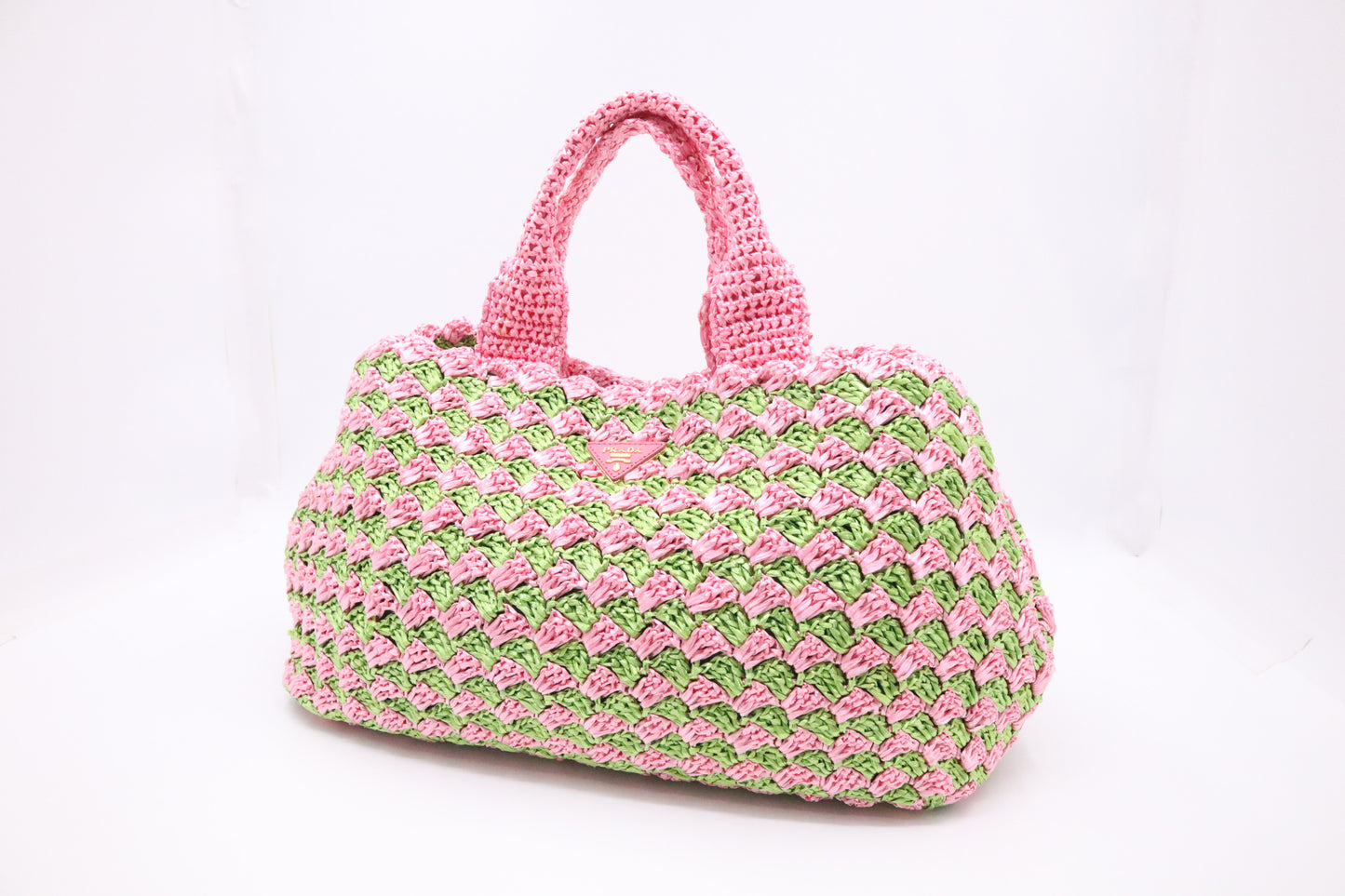Prada Canapa Tote Large in Pink and Green Raffia Crochet