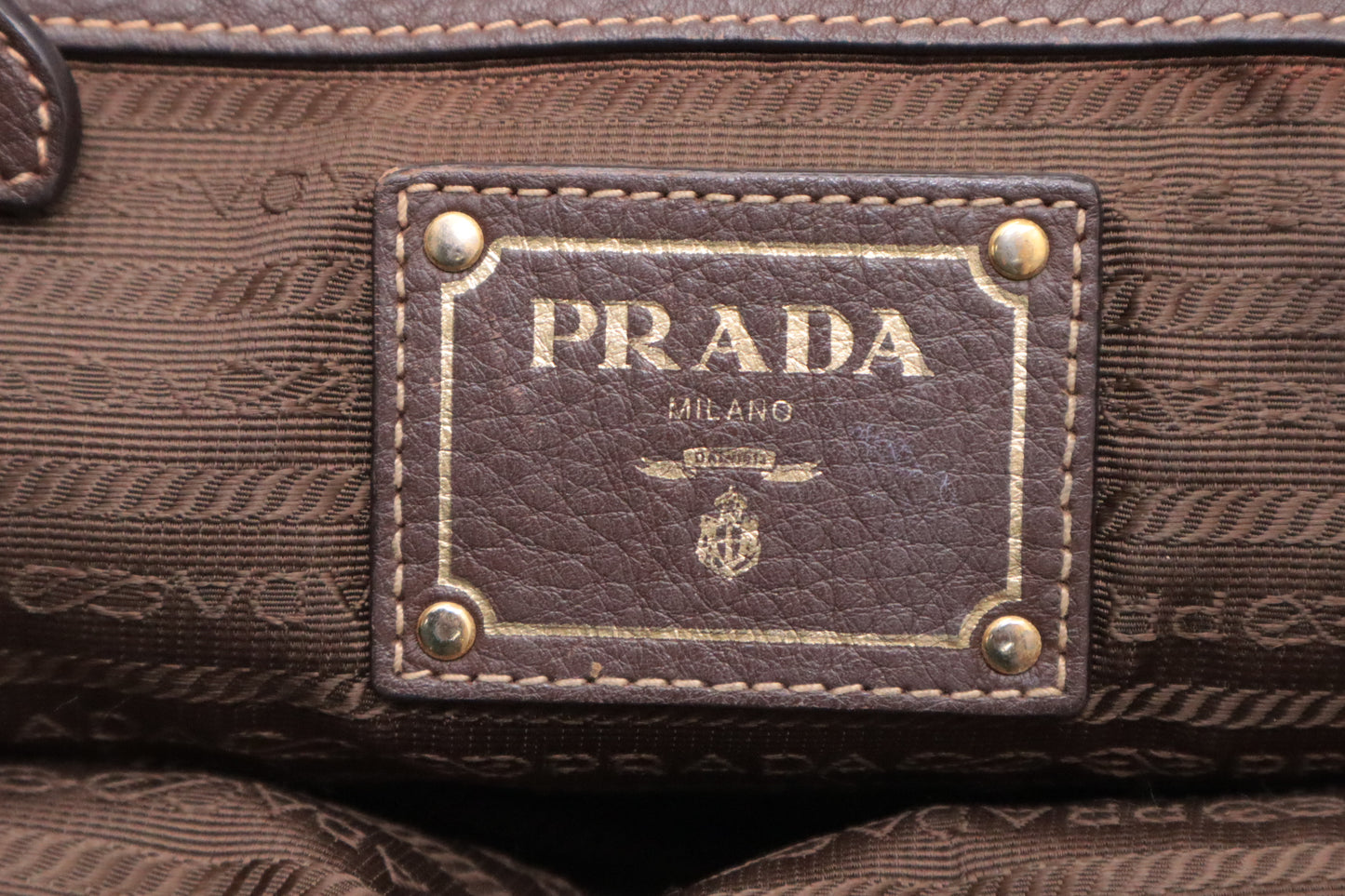 Prada Logo Handbag in Brown Leather and Navy Canvas