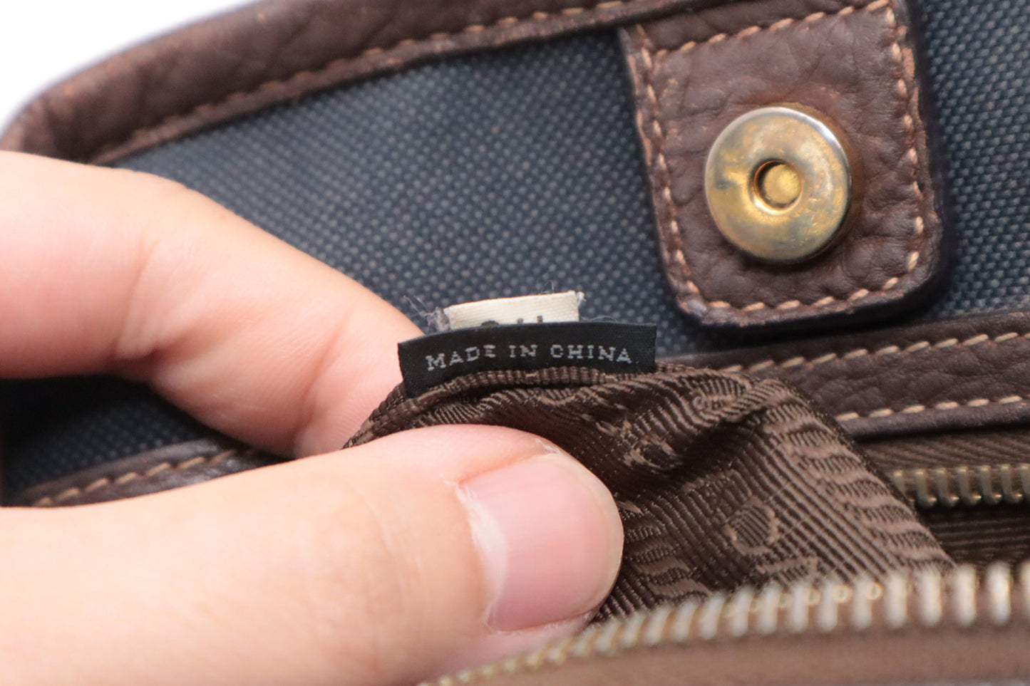 Prada Logo Handbag in Brown Leather and Navy Canvas