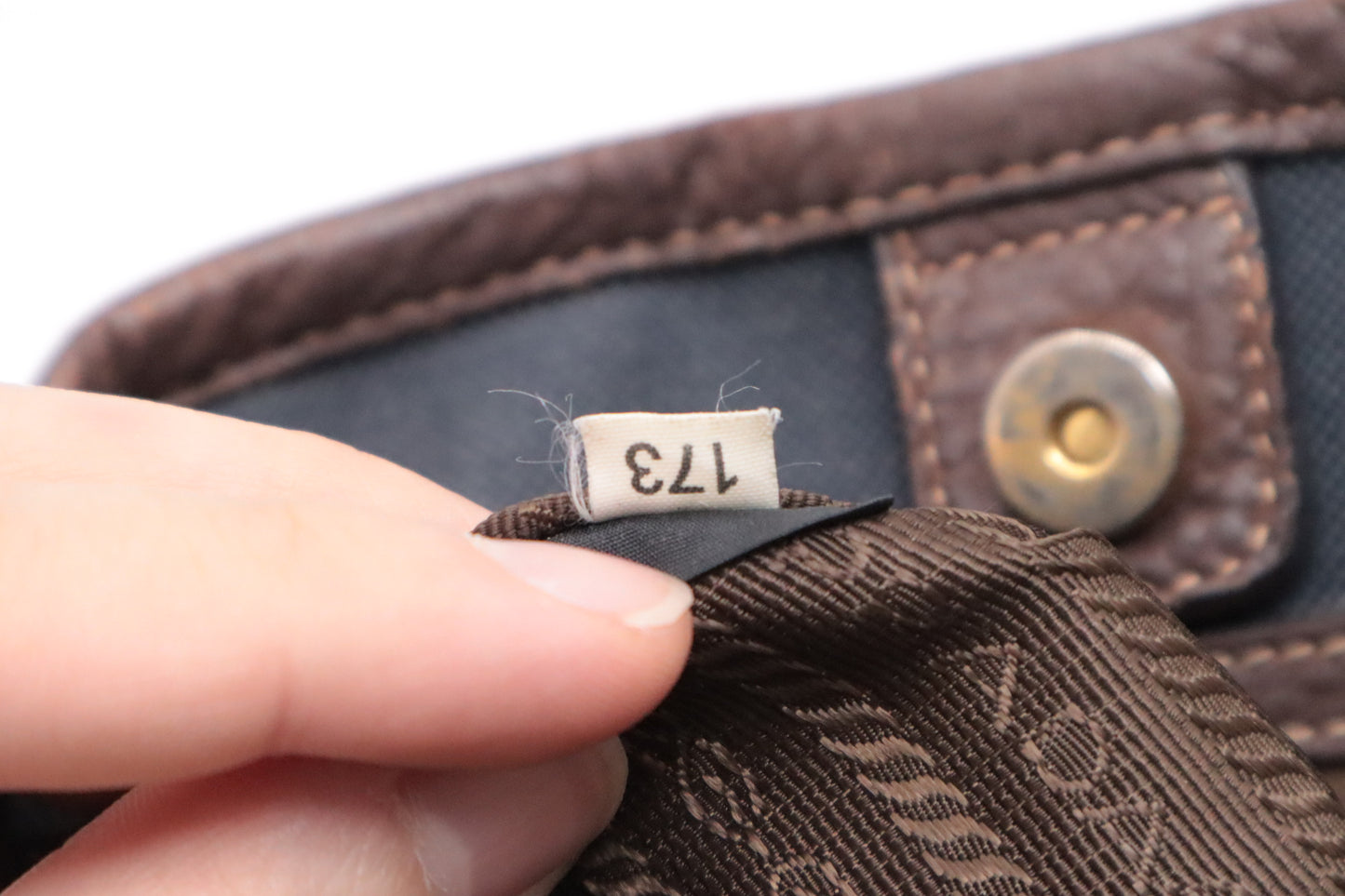 Prada Logo Handbag in Brown Leather and Navy Canvas