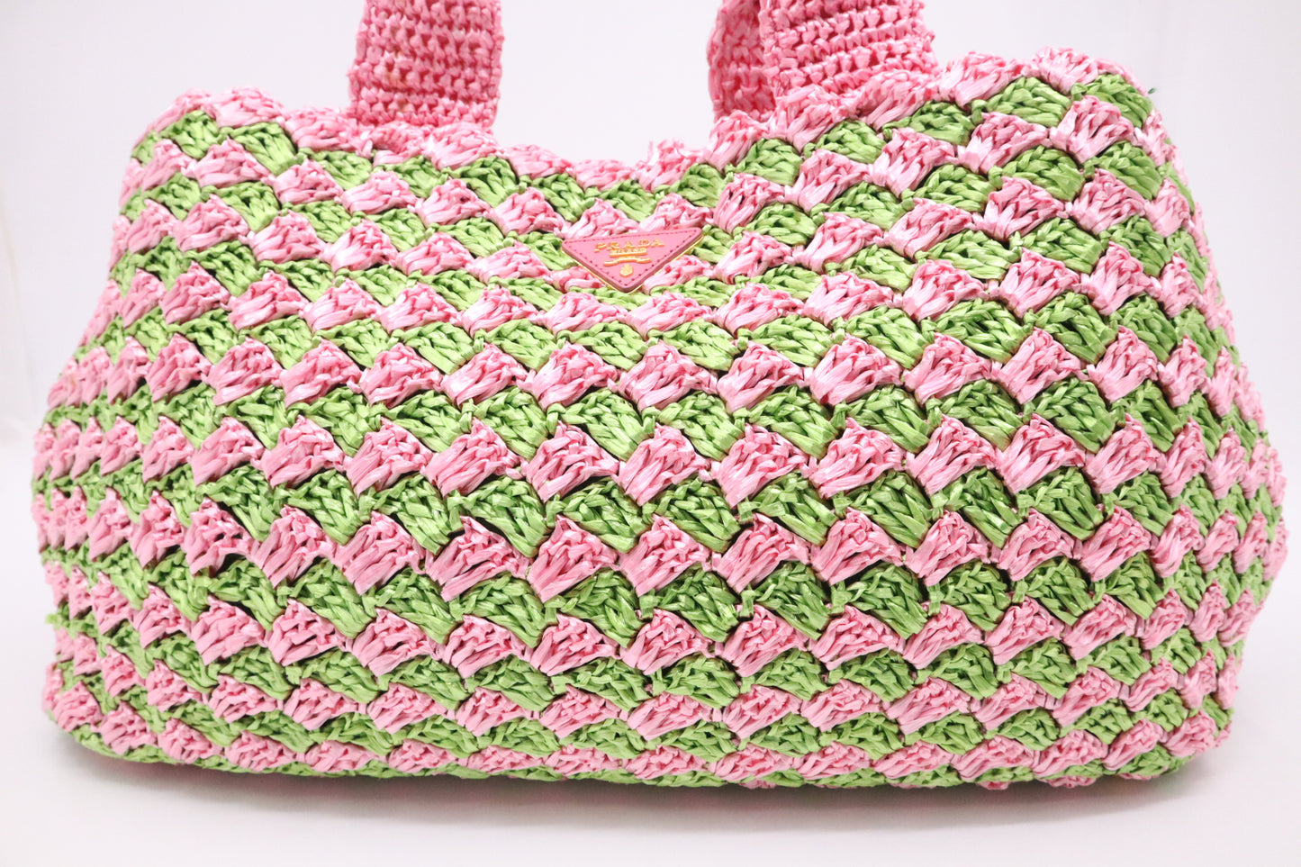 Prada Canapa Tote Large in Pink and Green Raffia Crochet