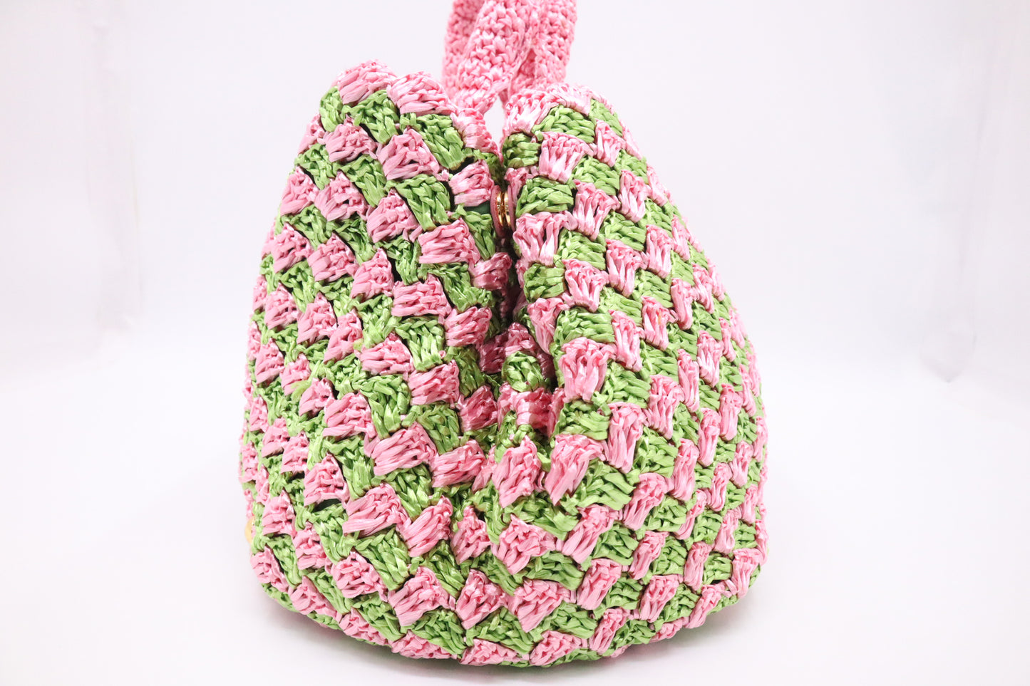 Prada Canapa Tote Large in Pink and Green Raffia Crochet