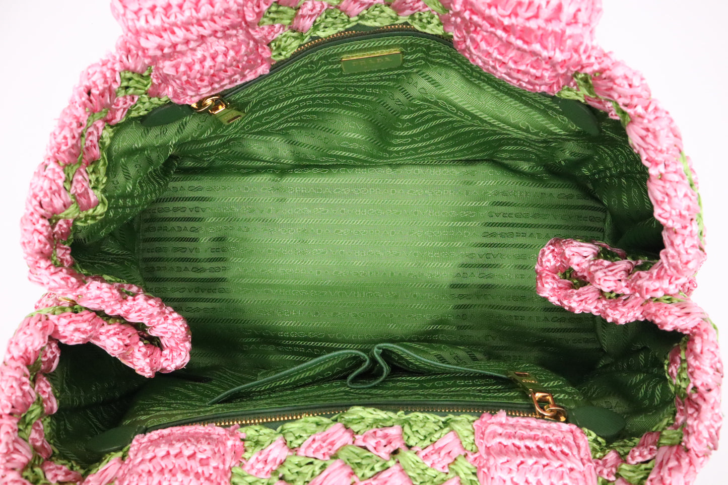 Prada Canapa Tote Large in Pink and Green Raffia Crochet