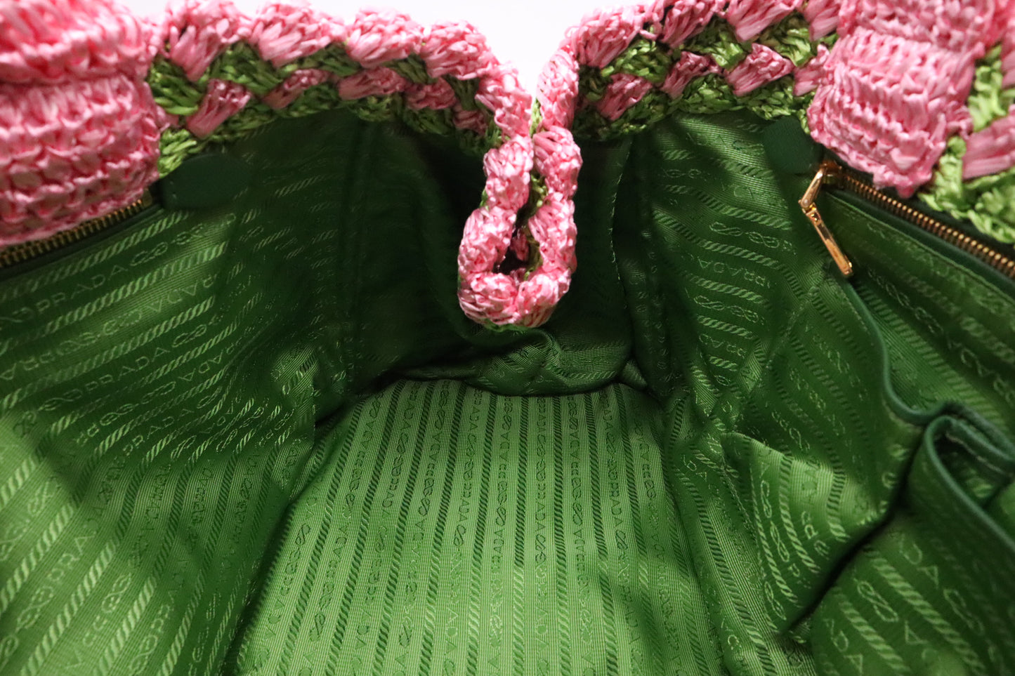 Prada Canapa Tote Large in Pink and Green Raffia Crochet