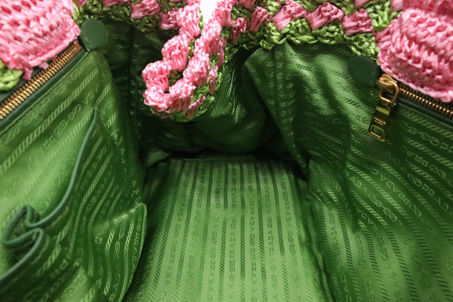 Prada Canapa Tote Large in Pink and Green Raffia Crochet