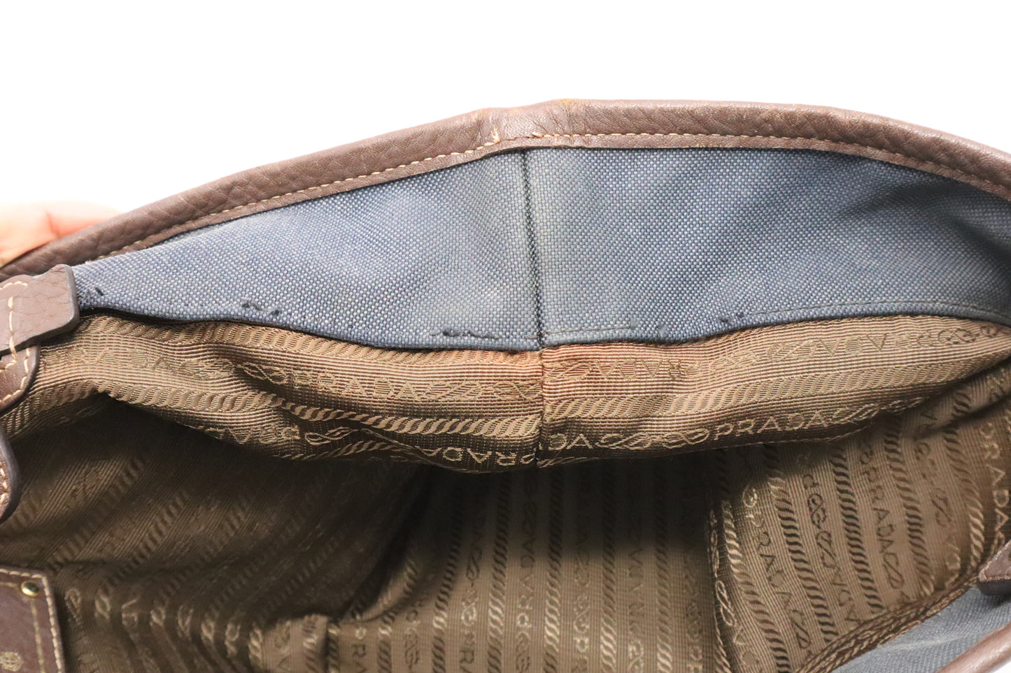 Prada Logo Handbag in Brown Leather and Navy Canvas