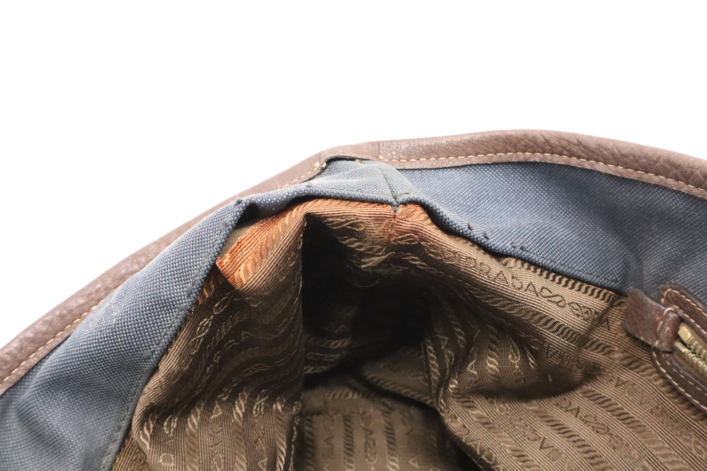 Prada Logo Handbag in Brown Leather and Navy Canvas