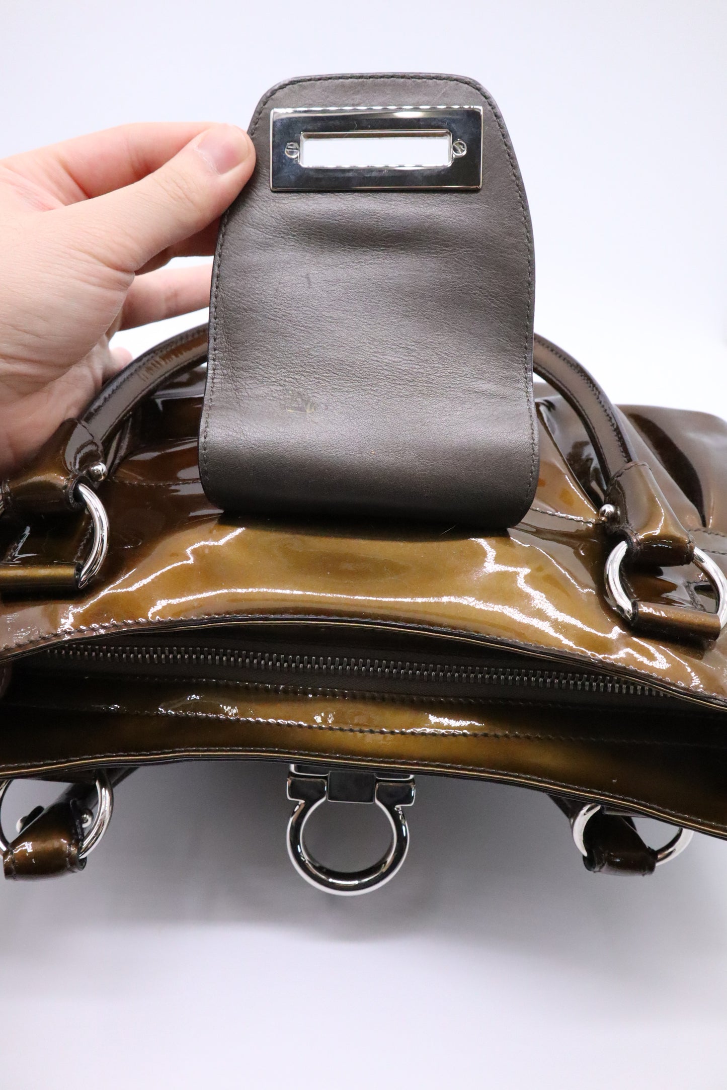 Ferragamo Marisa Handbag in Bronze Patent Leather