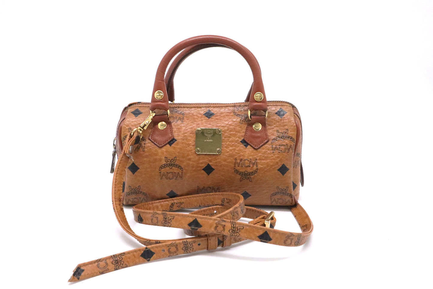 MCM Mini Boston in Cognac Visetos Canvas