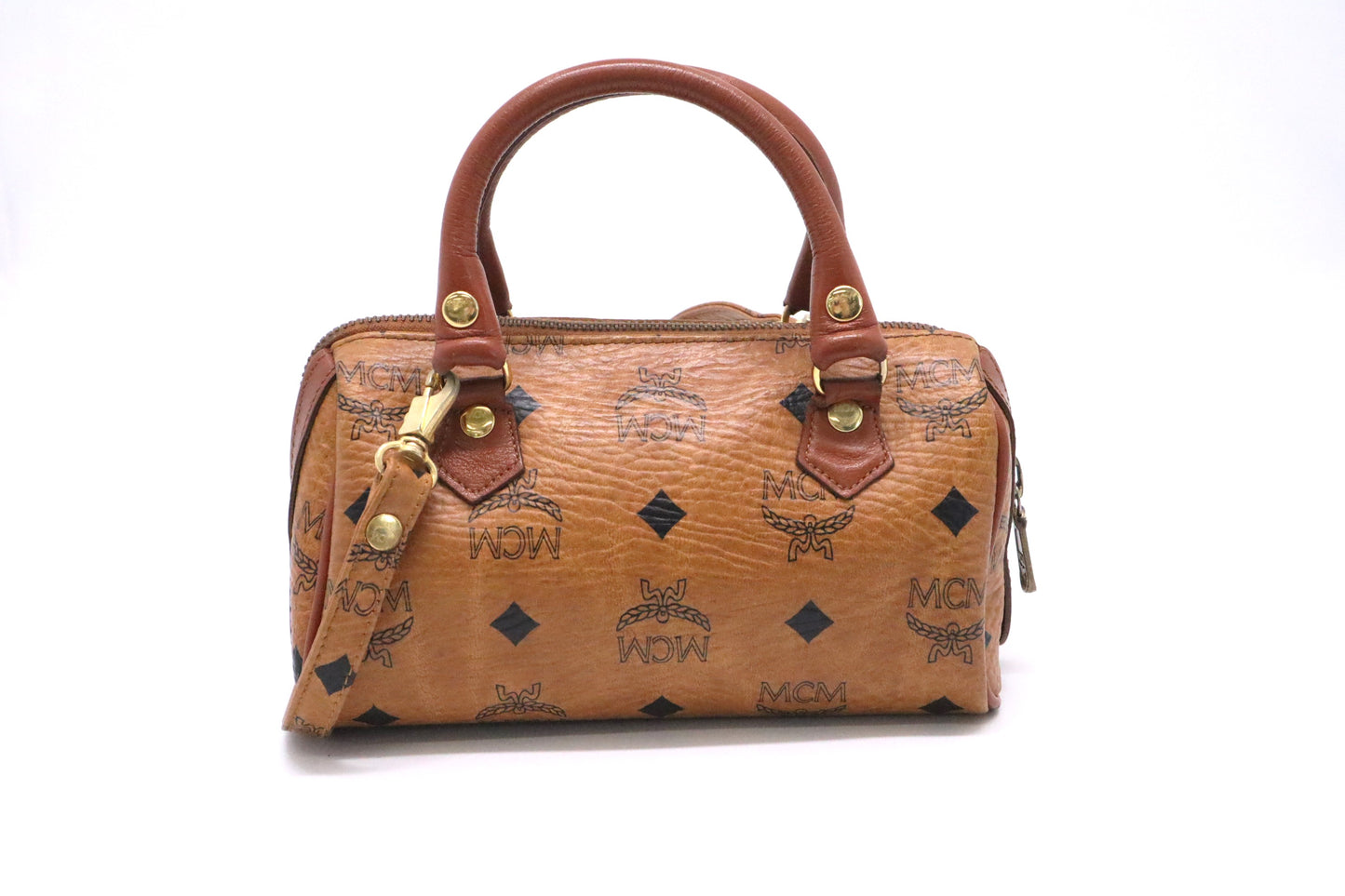 MCM Mini Boston in Cognac Visetos Canvas