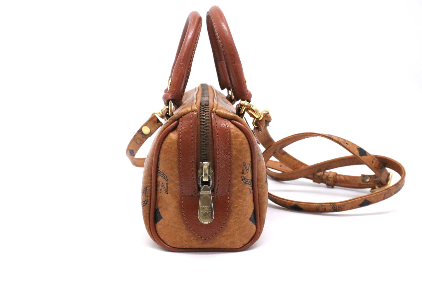 MCM Mini Boston in Cognac Visetos Canvas