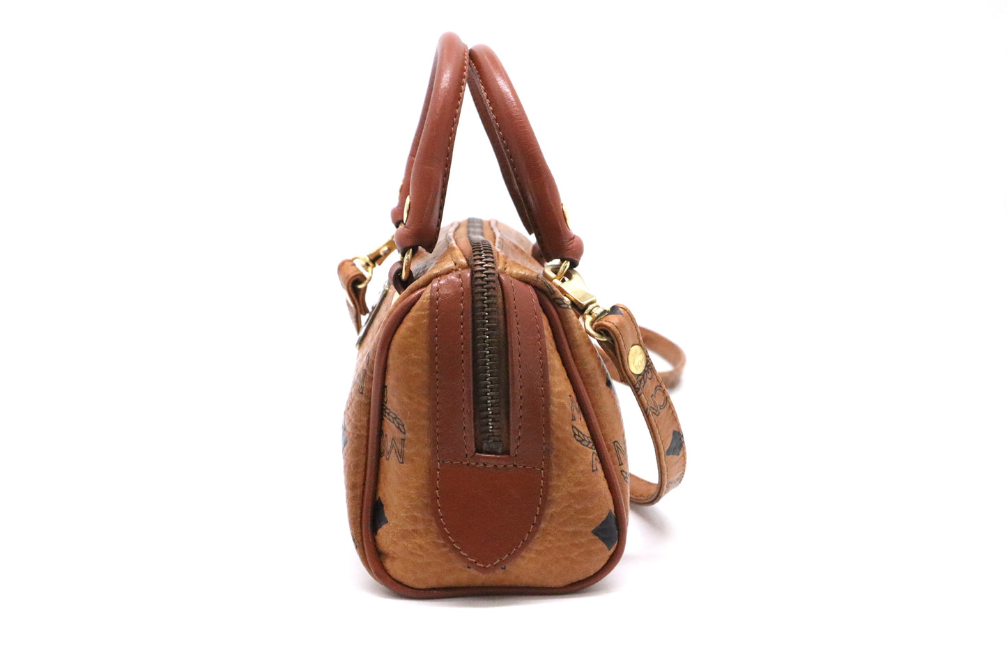 MCM Mini Boston in Cognac Visetos Canvas