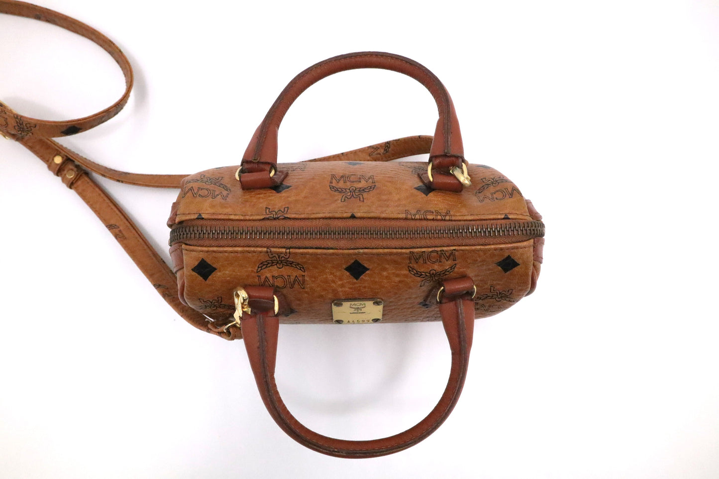 MCM Mini Boston in Cognac Visetos Canvas