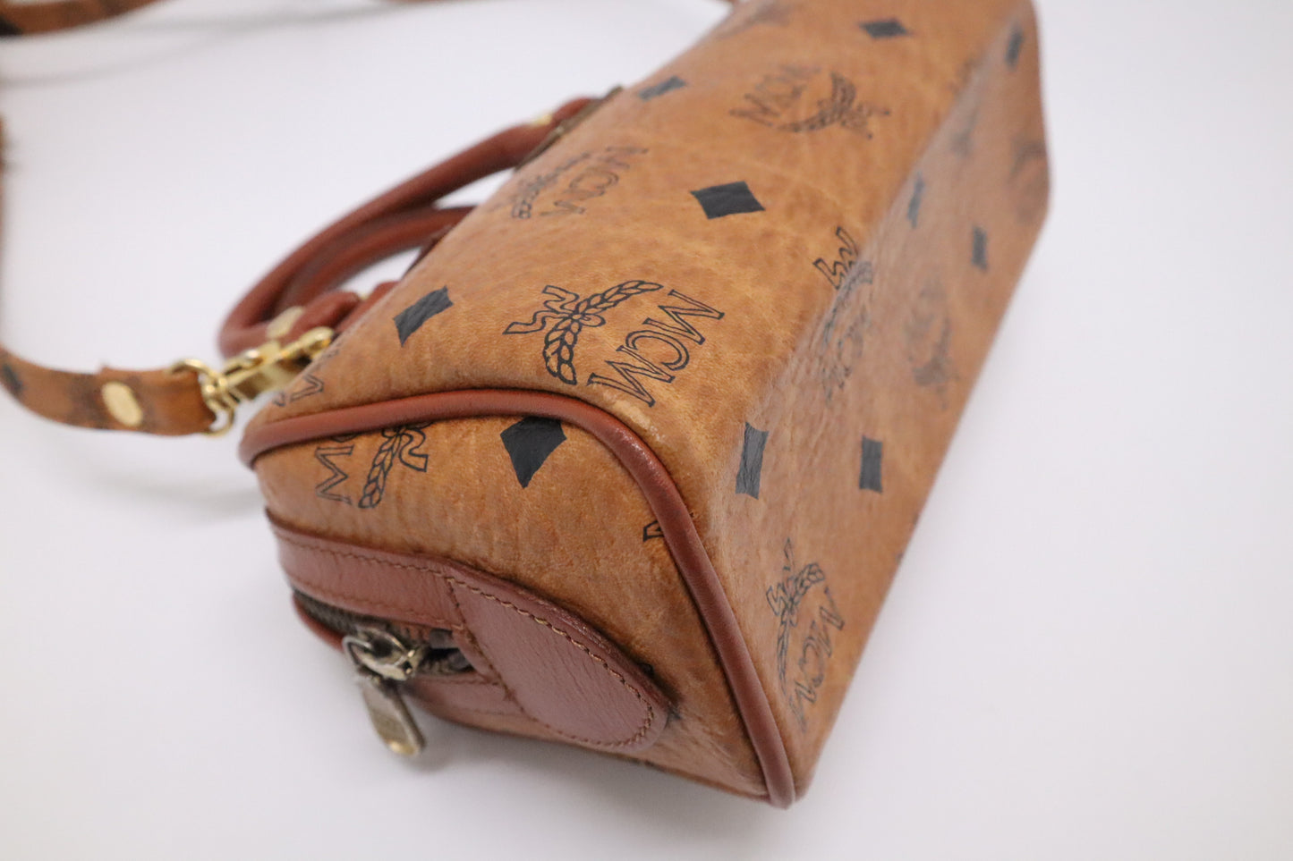 MCM Mini Boston in Cognac Visetos Canvas