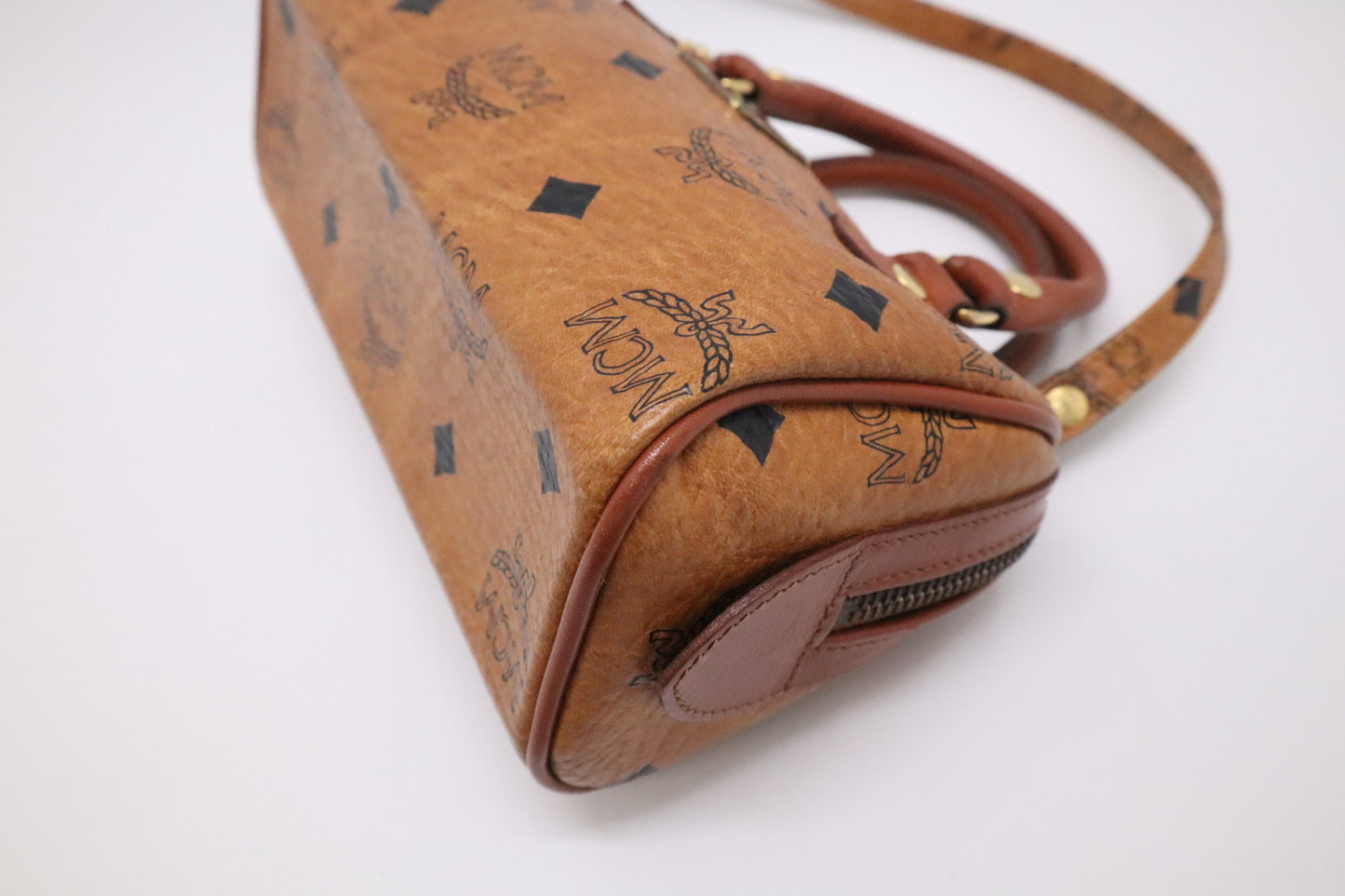 MCM Mini Boston in Cognac Visetos Canvas