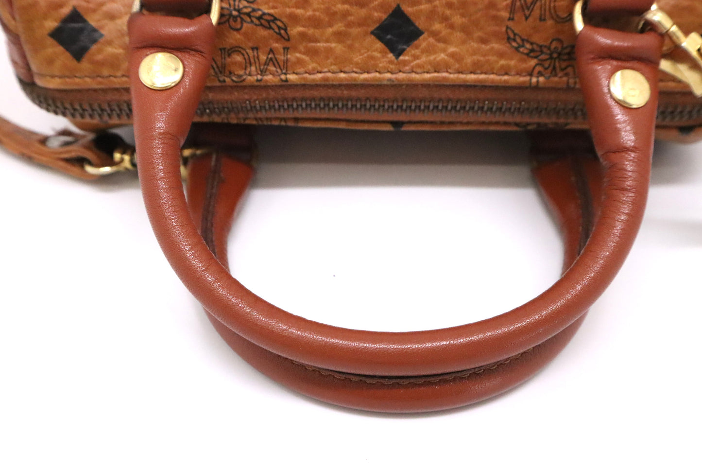 MCM Mini Boston in Cognac Visetos Canvas