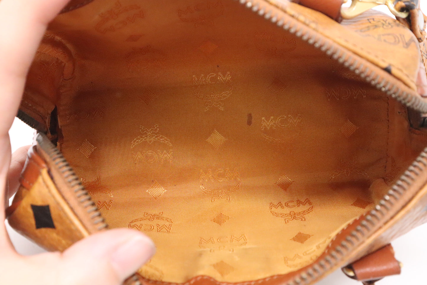 MCM Mini Boston in Cognac Visetos Canvas