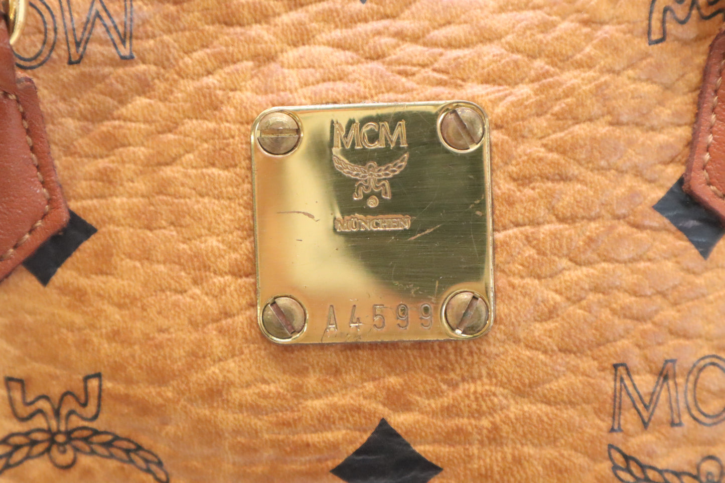 MCM Mini Boston in Cognac Visetos Canvas