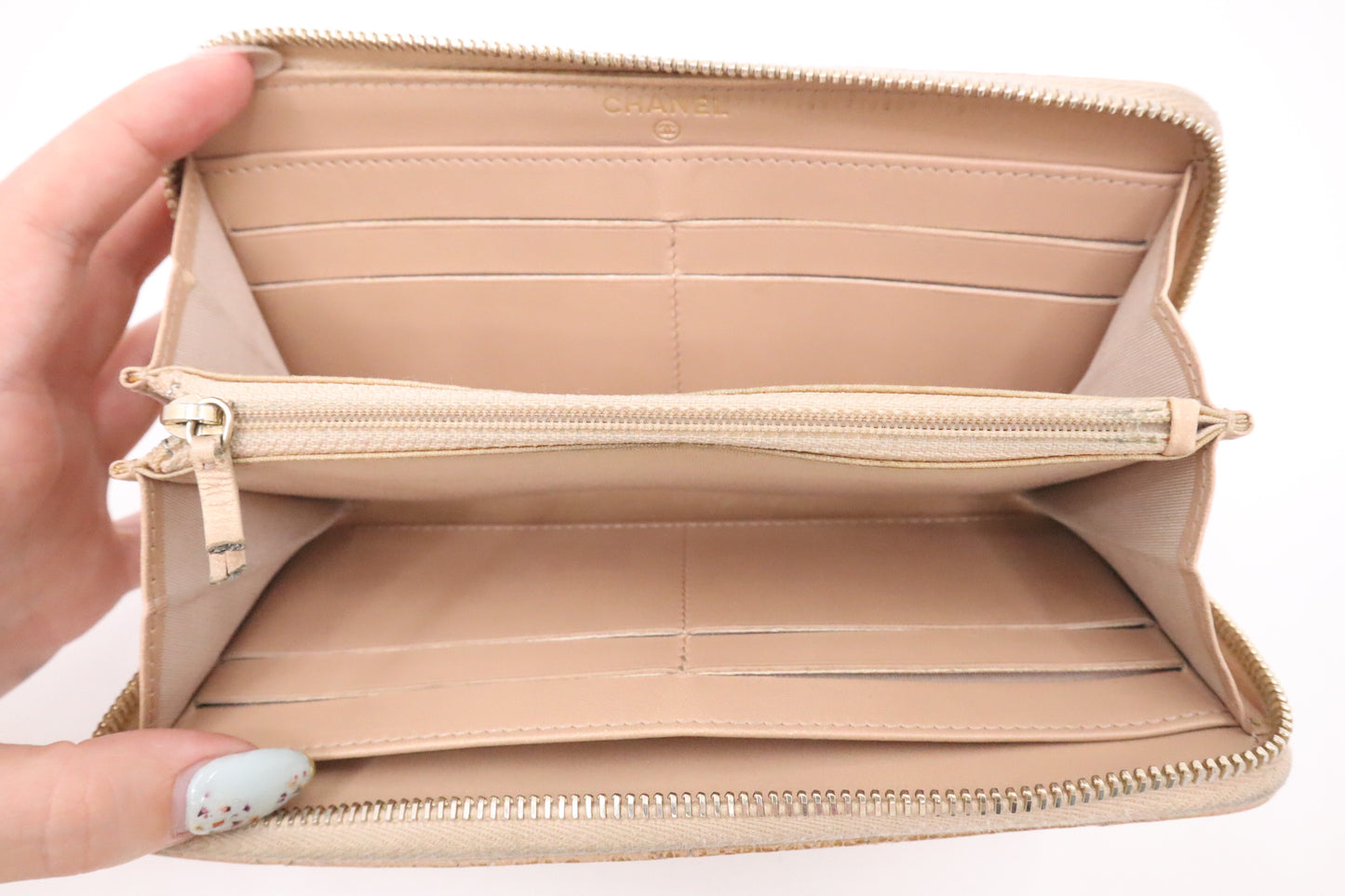 Chanel Long Zippy Wallet in Beige Camelia Matelassé Leather