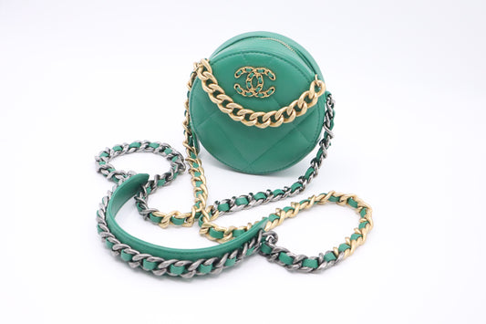 Chanel 19 Round Clutch on Chain in Green Leather
