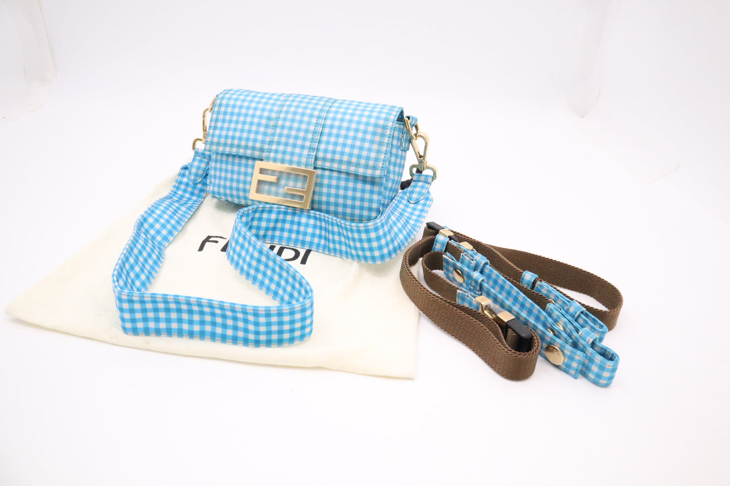 Fendi Convertible Mini Baguette Satchel in Blue Checked Nylon