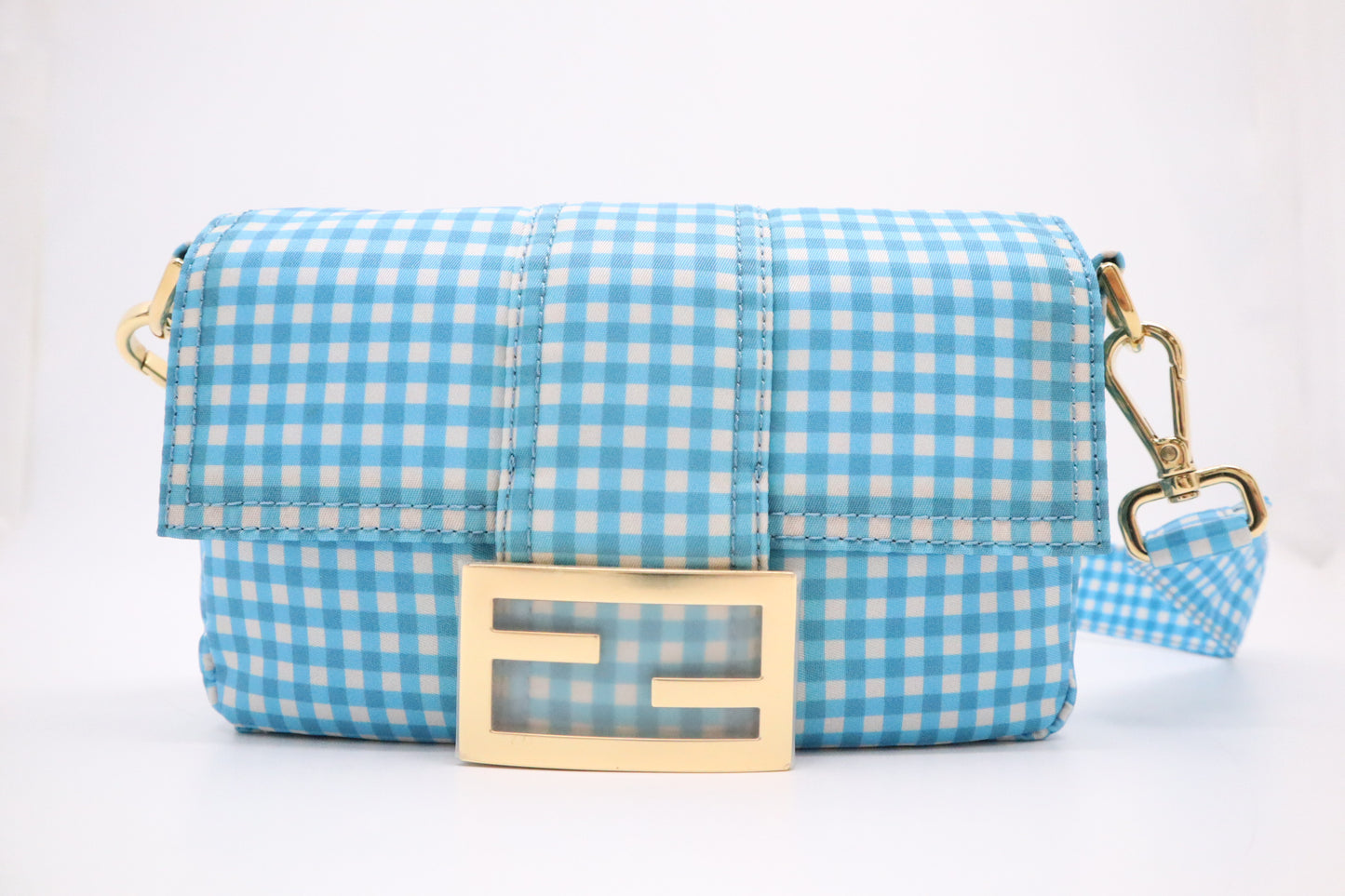 Fendi Convertible Mini Baguette Satchel in Blue Checked Nylon