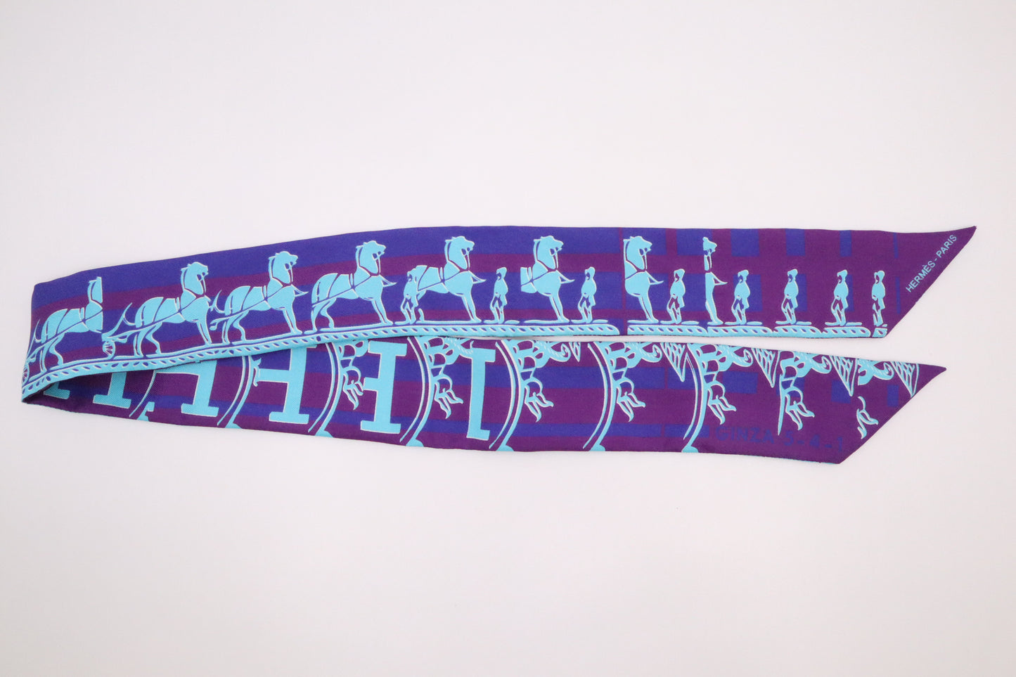 Hermes 'Ginza 5-4-1' Twilly in Blue & Purple Silk