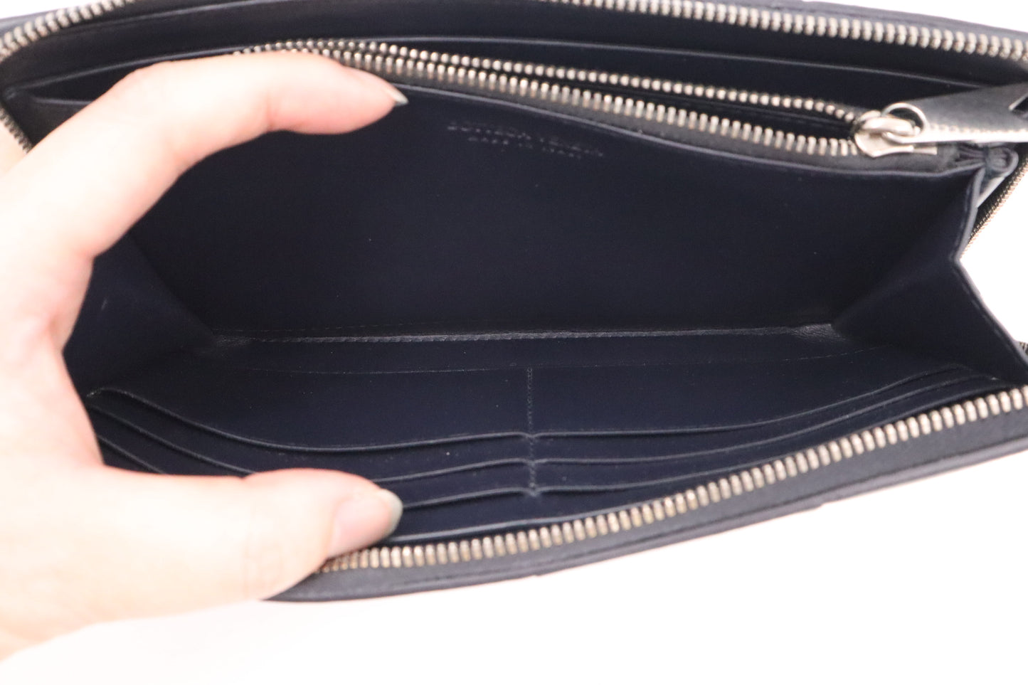 Bottega Veneta Cassette Zippy Wallet in Navy Blue Intrecciato Leather