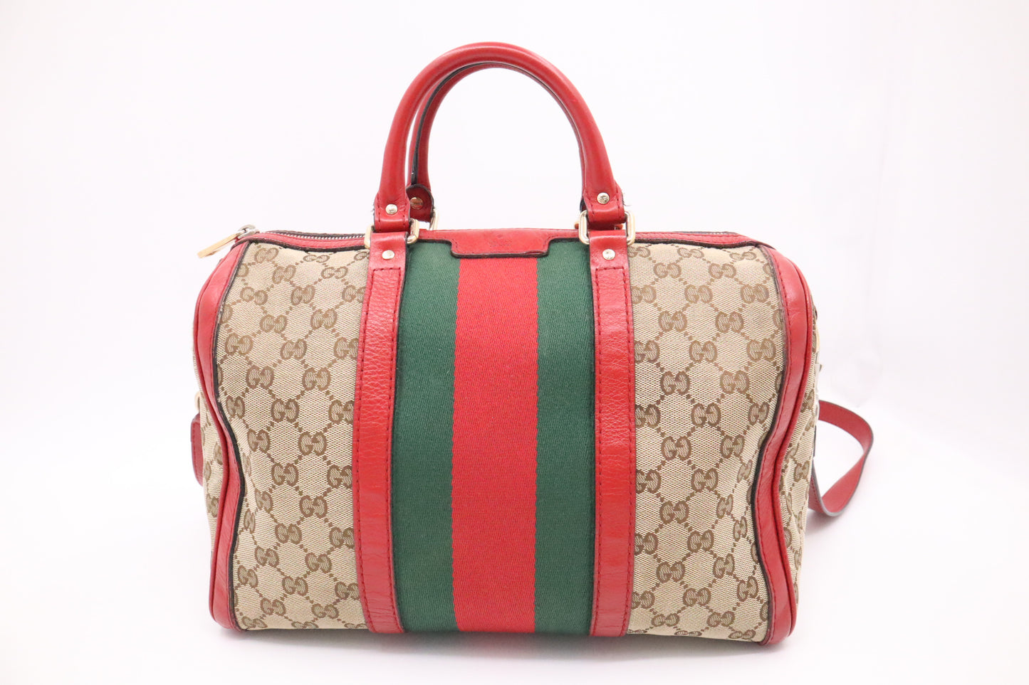 Gucci Boston Bag Bandouliere in Red Leather & Brown GG Canvas