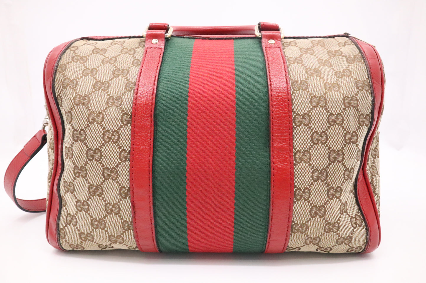 Gucci Boston Bag Bandouliere in Red Leather & Brown GG Canvas