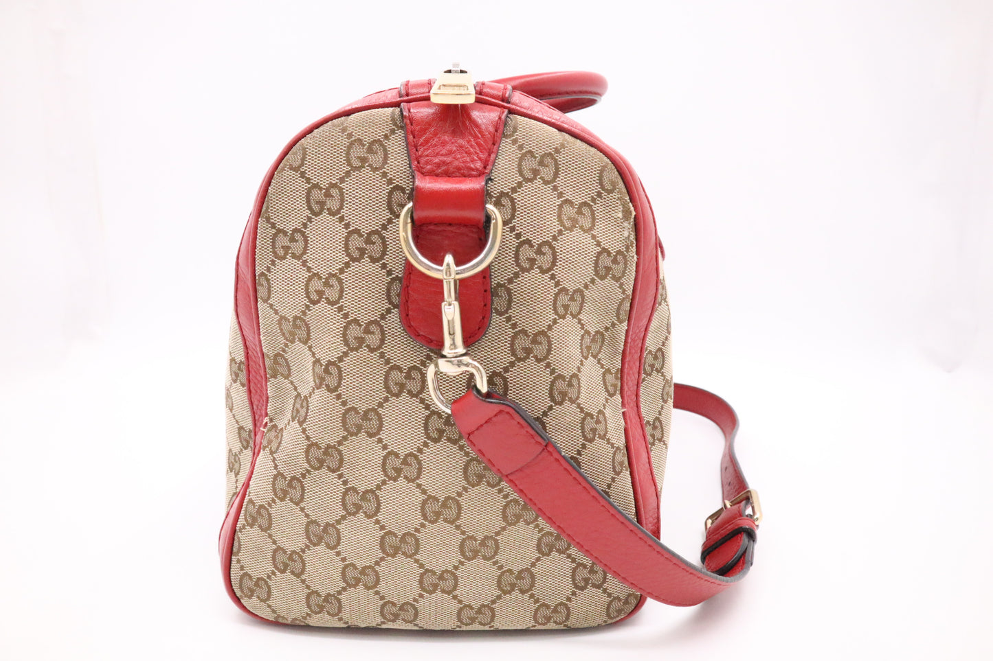 Gucci Boston Bag Bandouliere in Red Leather & Brown GG Canvas