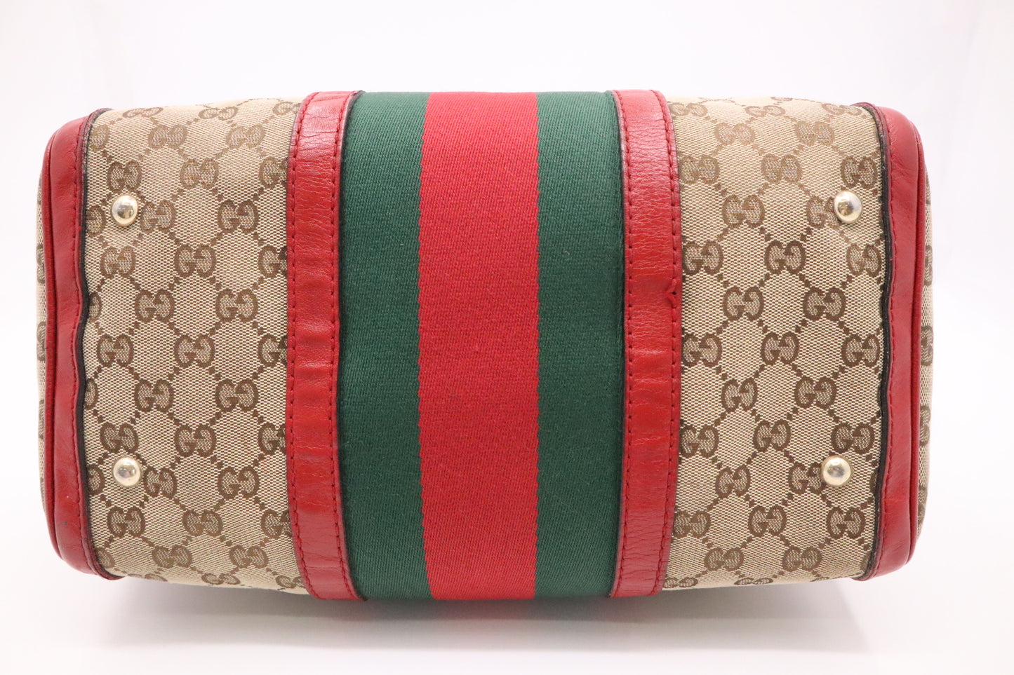 Gucci Boston Bag Bandouliere in Red Leather & Brown GG Canvas