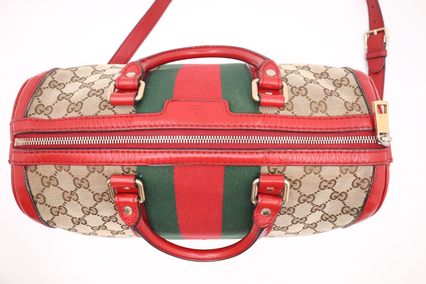 Gucci Boston Bag Bandouliere in Red Leather & Brown GG Canvas
