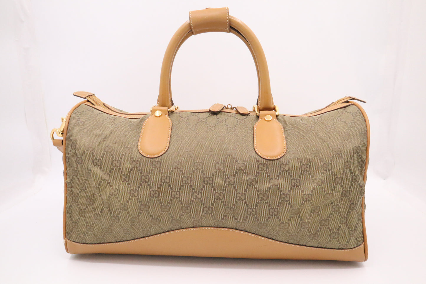 Gucci Boston Bag in Green GG Canvas and Brown Leather
