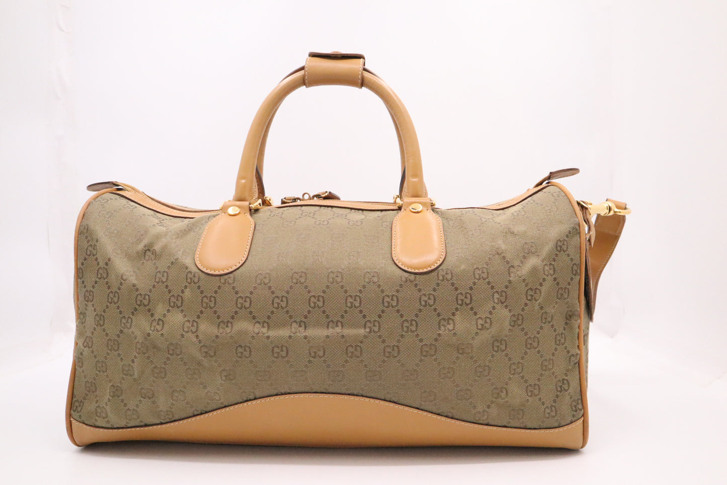 Gucci Boston Bag in Green GG Canvas and Brown Leather