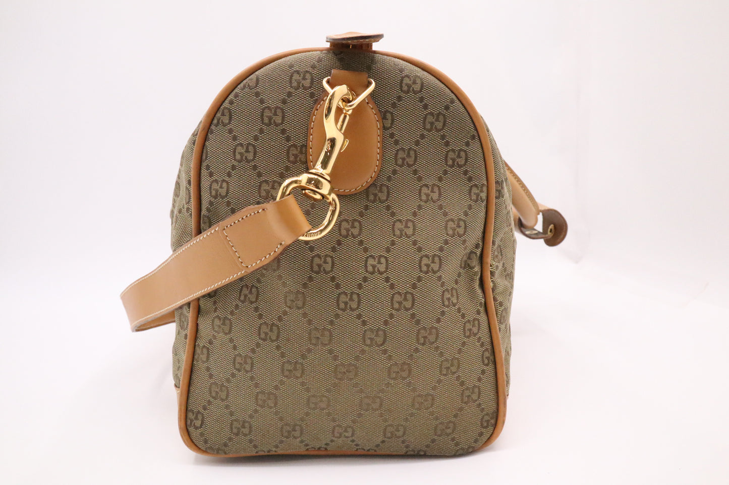 Gucci Boston Bag in Green GG Canvas and Brown Leather